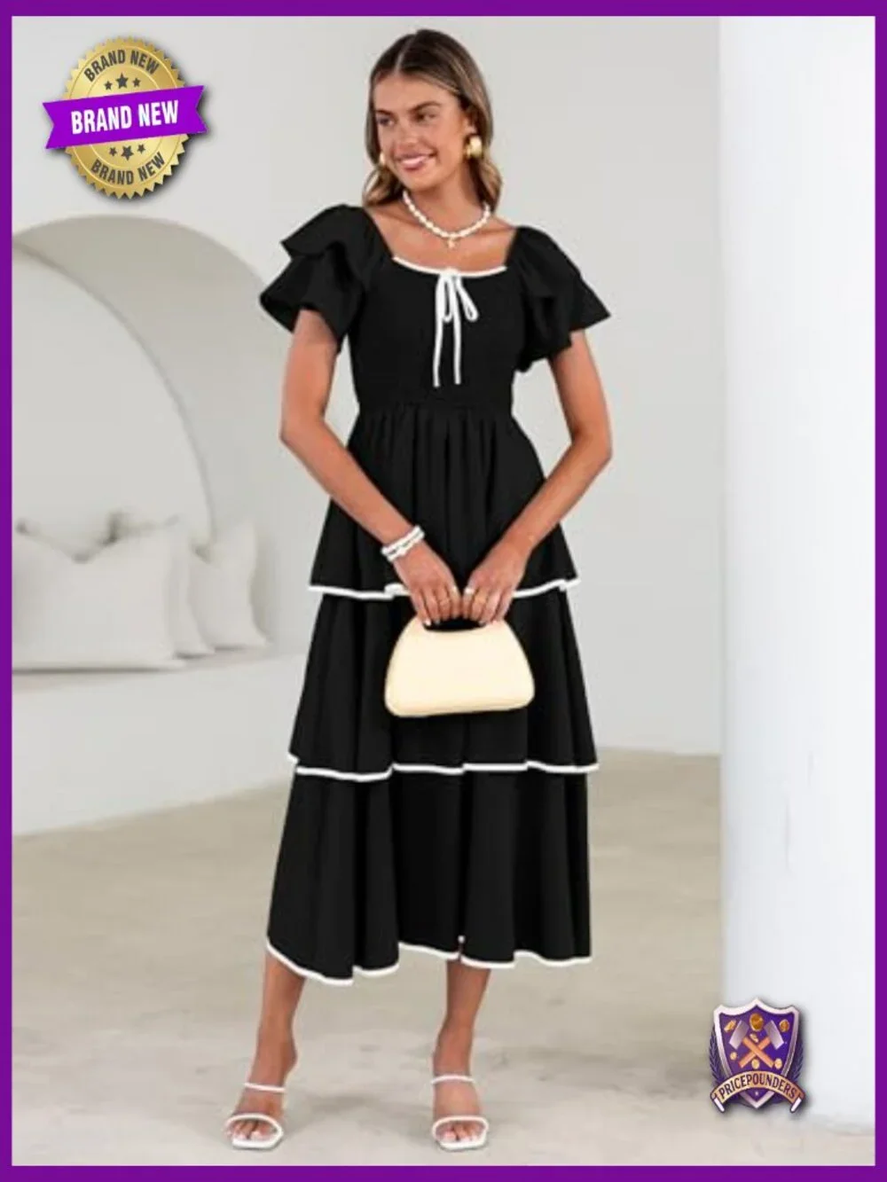 Smocked Tiered Midi Dress Square Neck Ruffle Short Sleeve Boho Flowy Guest - Picture 3 of 7